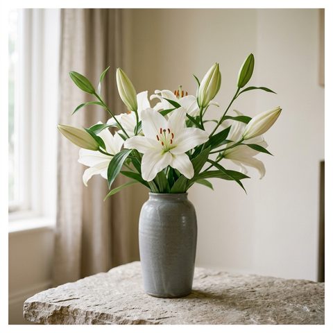 Lys blancs en coupe avec boutons fermés dans un vase en céramique grise